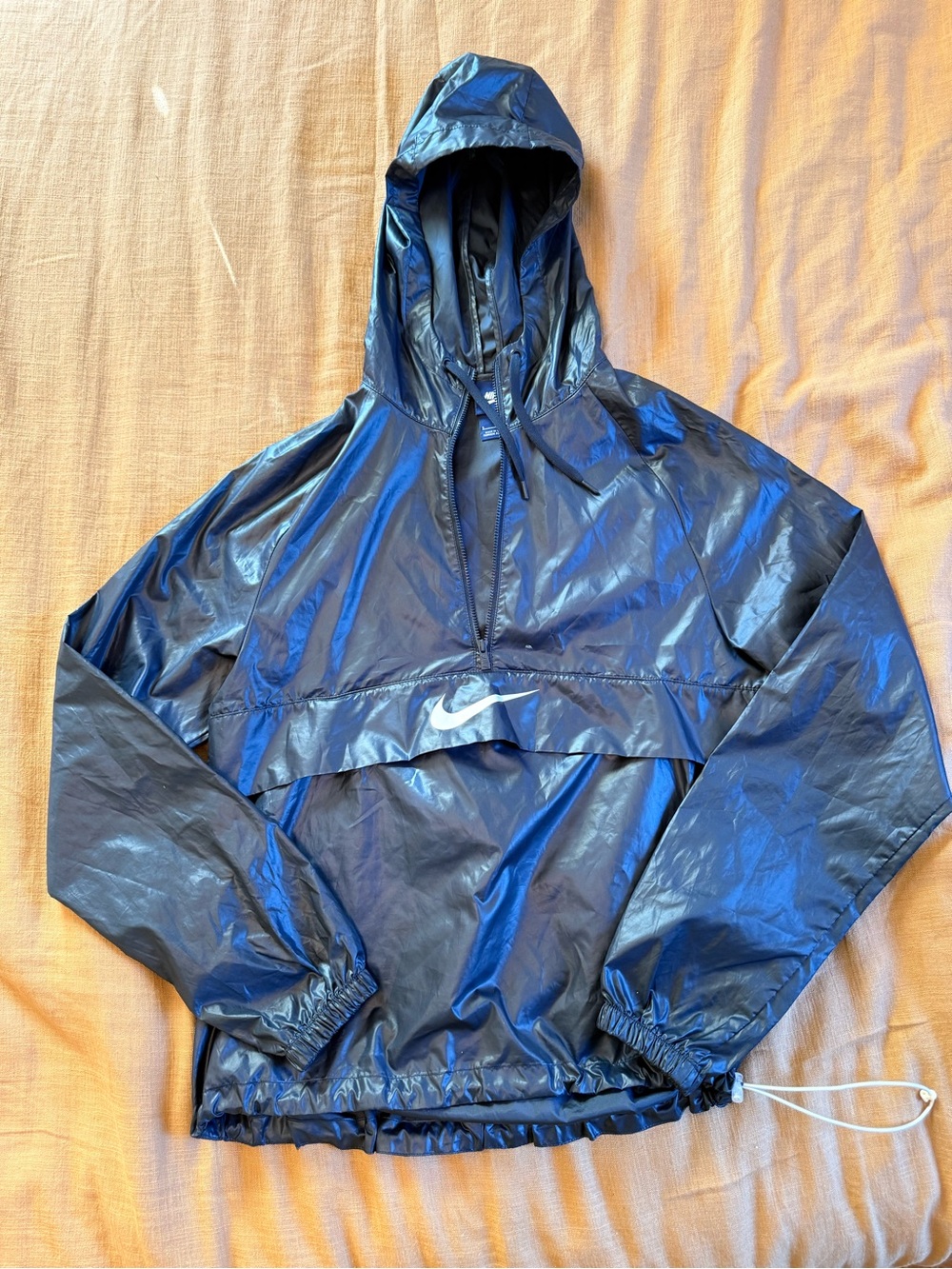 Nike Men's Shiny Navy Hooded windbreaker Jacket two small stains shown.